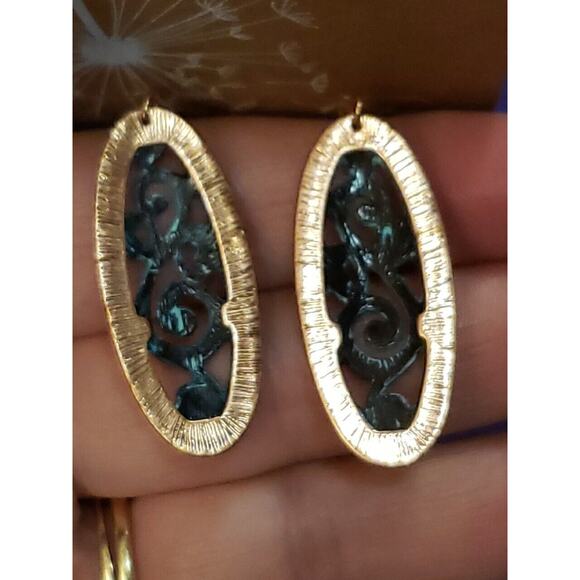 Copper Tone Metal Dangle Earrings, Oval Shape with Antiqued Bronze Scrollwork - Picture 8 of 10